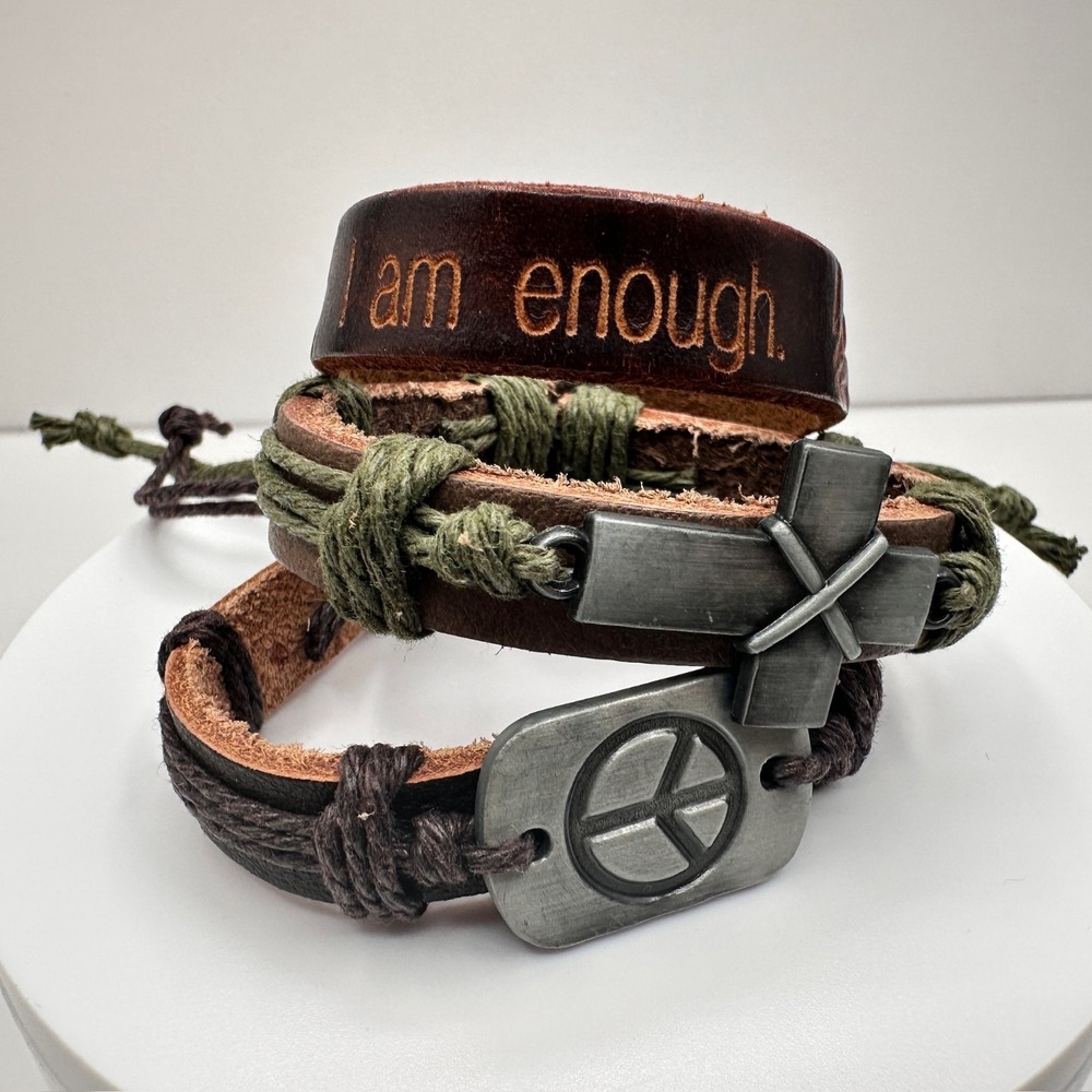 Vintage 90s Brown Leather Wrap Bracelet Set Peace Cross I Am Enough Boho Jewelry